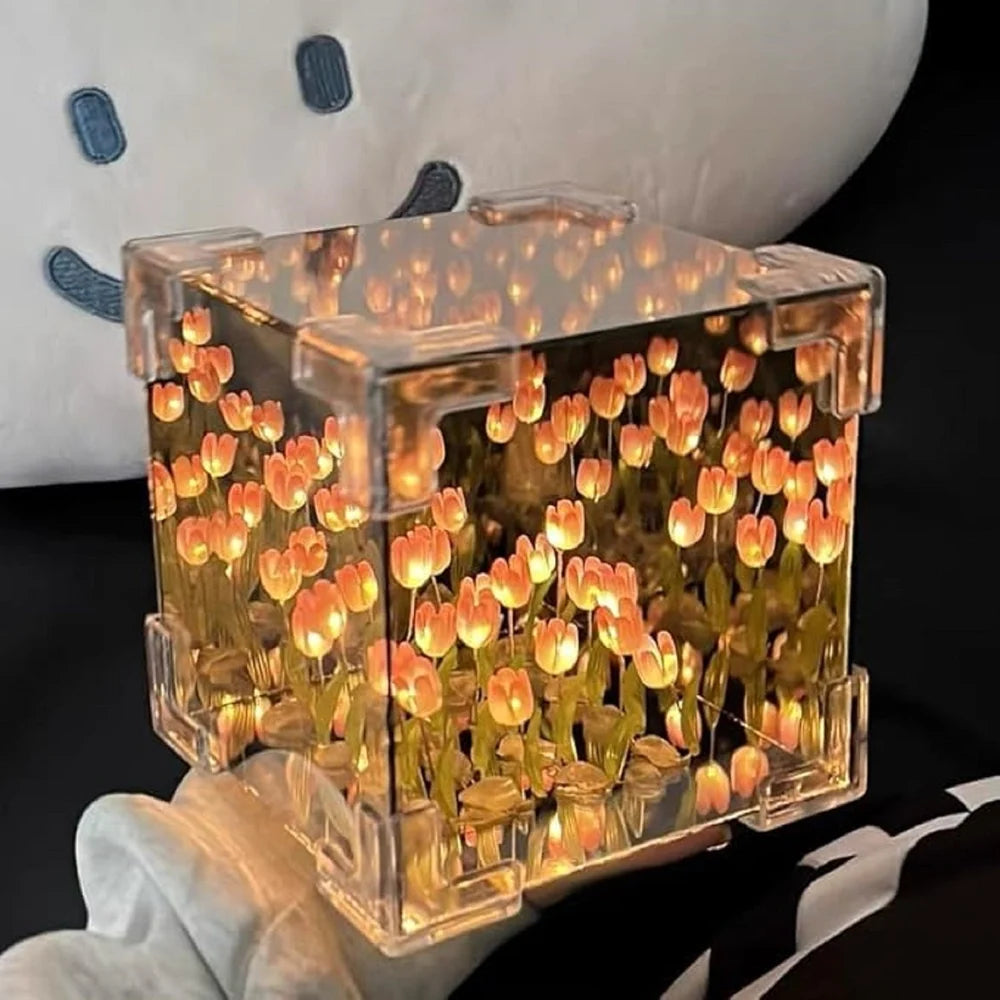LumiTulip Mirror Cube – Aesthetic Floral Night Light