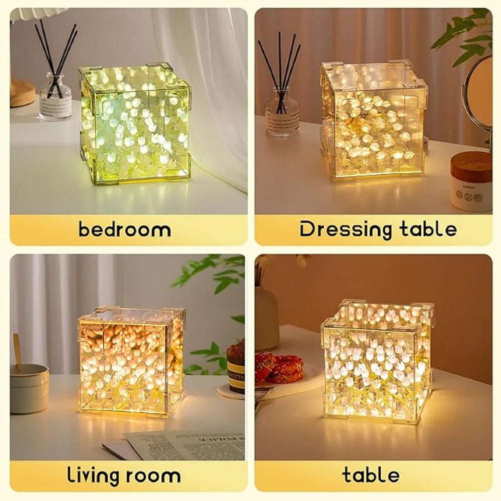 LumiTulip Mirror Cube – Aesthetic Floral Night Light