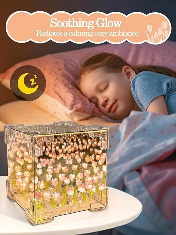 LumiTulip Mirror Cube – Aesthetic Floral Night Light