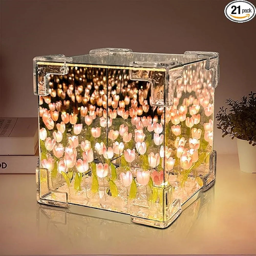 LumiTulip Mirror Cube – Aesthetic Floral Night Light