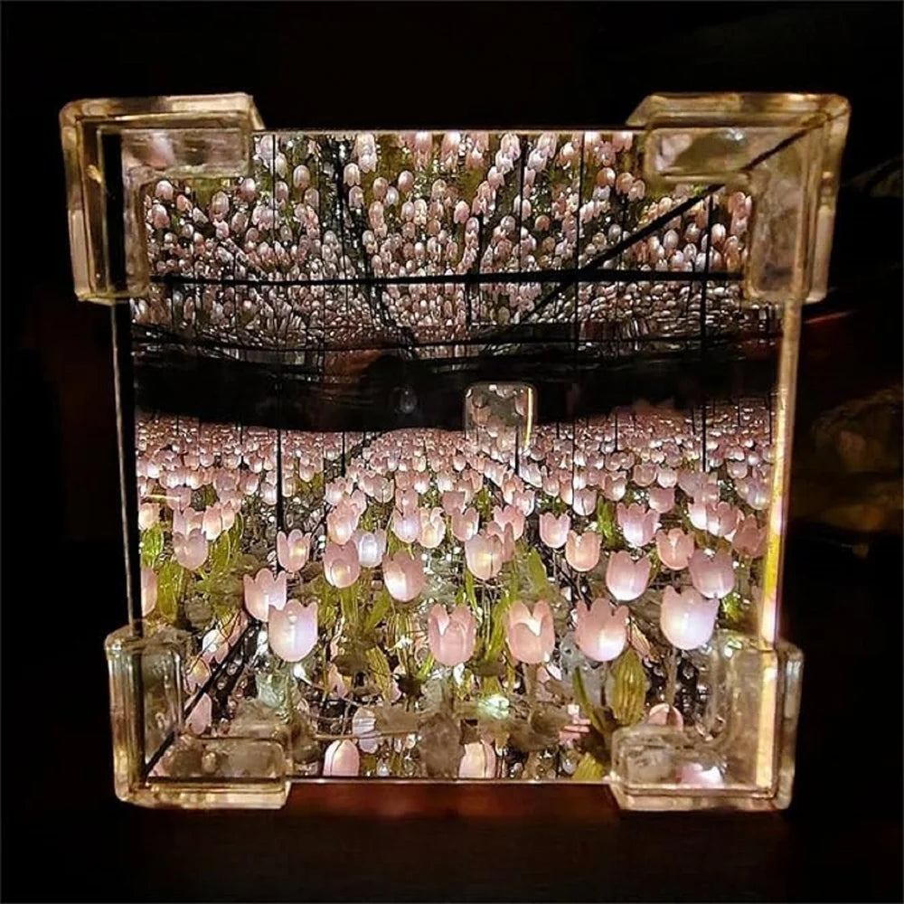 LumiTulip Mirror Cube – Aesthetic Floral Night Light